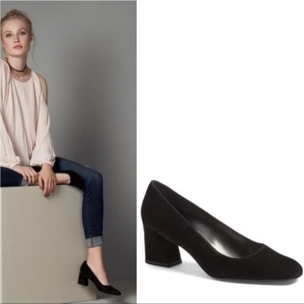 Stuart Weitzman MaryMid Suede Block Heel Pump in Black Size 8 Narrow